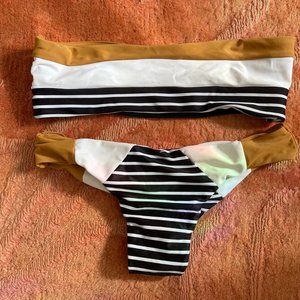 Color block striped bandeau bikini set